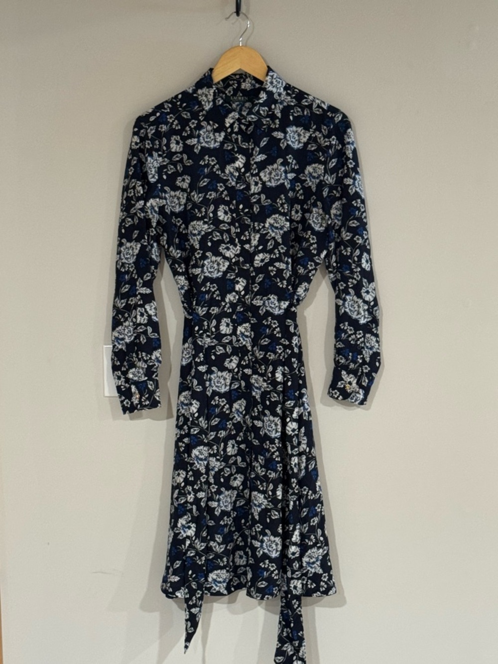Ralph Lauren Navy Floral Tie-Waist Long-Sleeve Dress